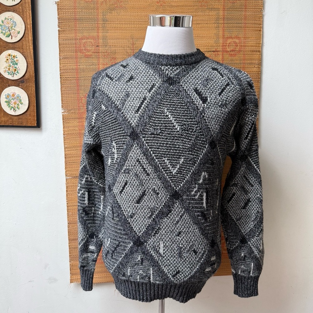 Vintage 90s Knit Sweater Funky Grandpa Argyle Geometric